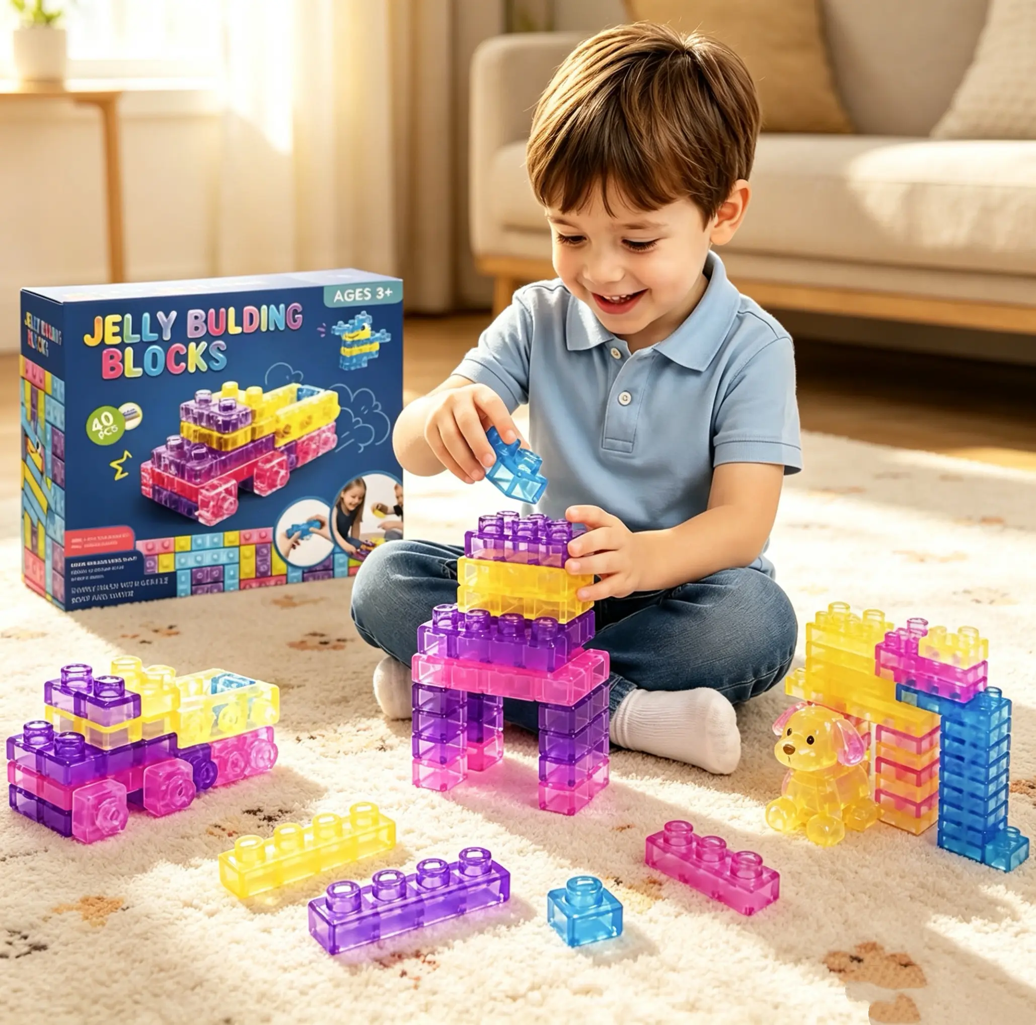 Unisex 40PCS TPE Soft Jelly Blocks, Squishy Sensory Building Bricks, Kids DIY Educational Fidget Toy for Stress Relief