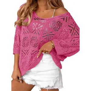 Imily Bela Womens Crochet Cover Up Top Summer 3/4 Sleeve Off Shoulder Sweater Shirts Mesh Boho Beach Swimsuit Coverup
