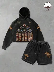 Men's Gothic Stained Glass Window Washed Hoodie & Shorts Set, Streetwear Fashion, Comfortable Casual, Perfect for Daily Wear