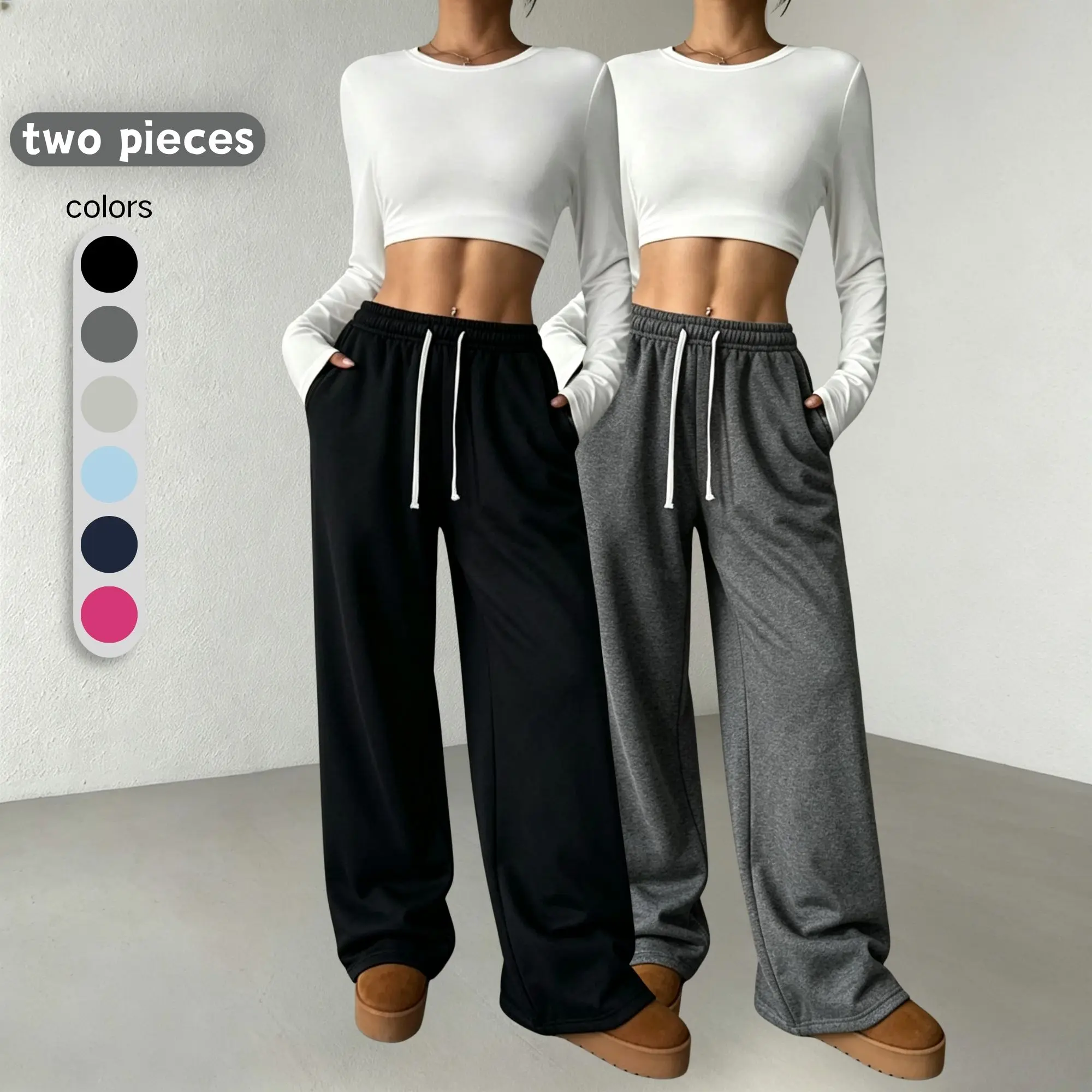 Women’s two-pack drawstring wide-leg sweatpants, straight-cut with a fluid drape and pockets—ideal for everyday casual wear and sports. Womenswear Bottom Style Fit Basic Minimalist