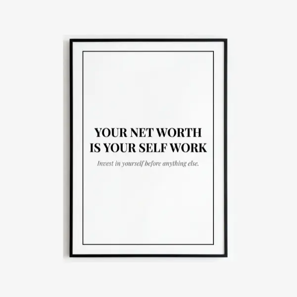 our Net Worth Is Your Self Work Minimalist Wealth Poster | Black White Typography Wall Art | A3 Premium 220 GSM Hard Paper | Home Office Entrepreneur & Self Investment Decor Print