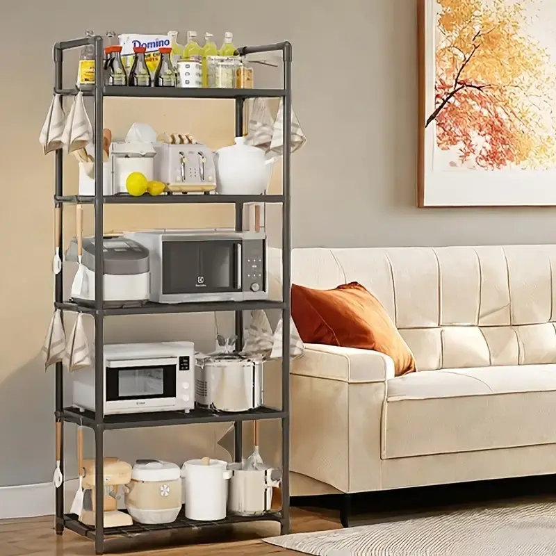 5-Shelf Space Saving Storage Rack, PVC & Metal Frame Freestanding Organizer for Home Gym Yoga Mat Storage, Heavy Duty Easy Assembly Multi-Purpose Shelf for Dorm Balcony Garage Kitchen Bathroom Bedroom Living Room, Items Storage Solution