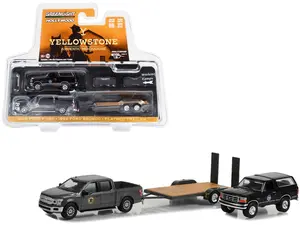 2018 Ford F-150 Truck Gray w/1992 Bronco Black and Trailer "Yellowstone" (2018-Current) TV 1/64 Diecast Model Cars by Greenlight