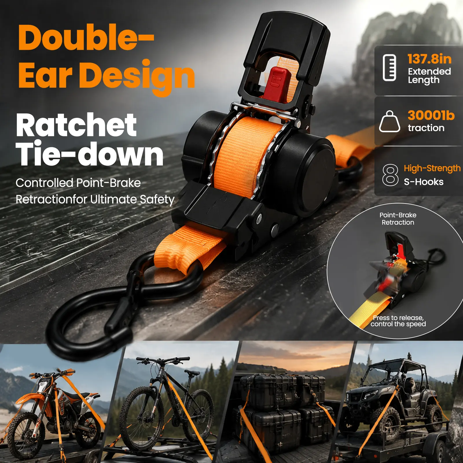 Easy-to-Use Retractable Tie Down Straps, Tangle-Free Automatic Ratchet Straps with Safety Release, Secure Straps for Roof Rack, Kayak, Moving Furniture, SUV Cargo Securement