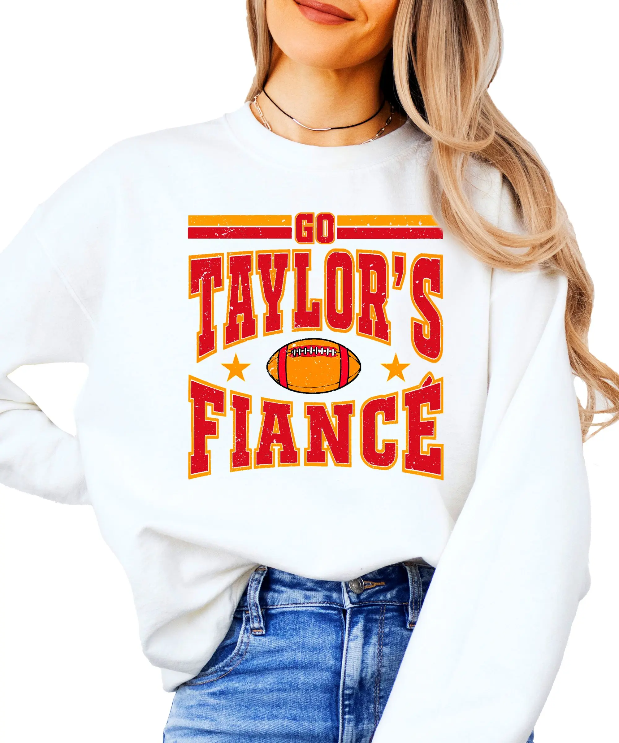 Go Taylor’s Fiancé Sweatshirt - Funny Football Season Crewneck for Women - Red and Gold Game Day Sweater - Gift for Fan