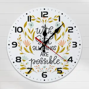 With God All Things Are Possible Wall Clock - 10/12'' Silent Floral Christian Decor, Inspirational Wooden Clock for Home, Gift for Baptisms, Confirmations, Birthdays, and Housewarmings.