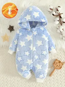 1 piece of baby winter warm plush jumpsuit with blue and white star print, hooded design, zipper soft and skin friendly temperature lock, suitable for newborns/infants aged 0-3 years old for both home and outdoor use
