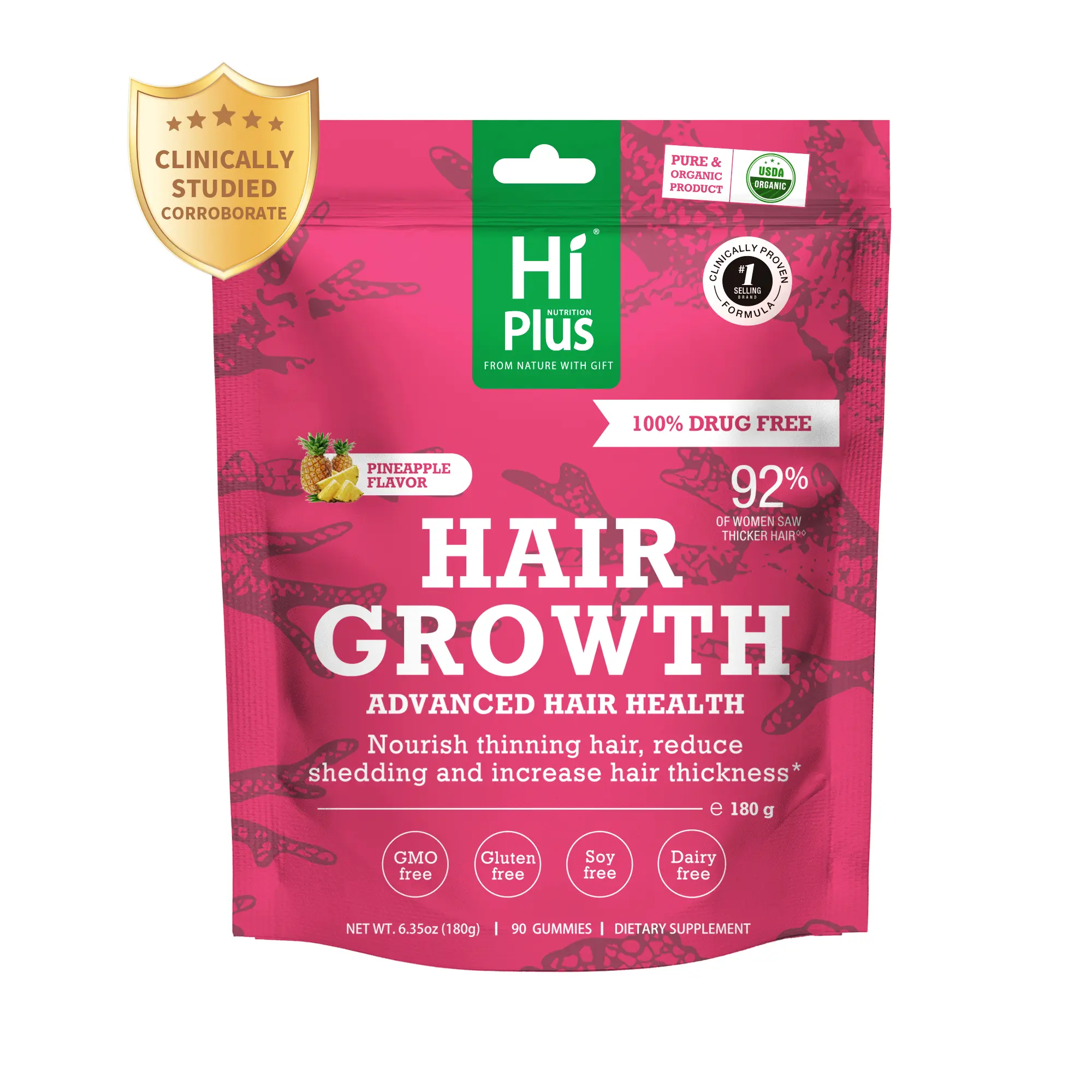 HiPlus Women's Chewable Hair Growth Accelerator Gummies - Pineapple Flavor, 90 Gummies (24 Months Shelf Life, 45-Day Supply, 200g), Vegan Dairy-Free Dietary Supplement with Collagen, Biotin, Zinc, Vitamin C, Iron for Hair & Nail Care