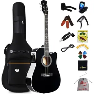 Acoustic-Electric Guitar 4/4 Full Size for Adults Beginners and Teens, 6 Steel-String Acustica Guitarra Starter Kit, 4-Band Equaliser, 41" Dreadnought Cutaway, Glossy Black, Right Hand