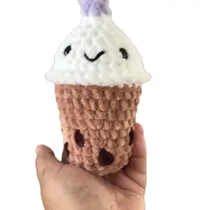 Hanmade Crochet Boba Drink Decor Plush - Adorable Ice Cream Cone with Chocolate Dots & Purple Topping