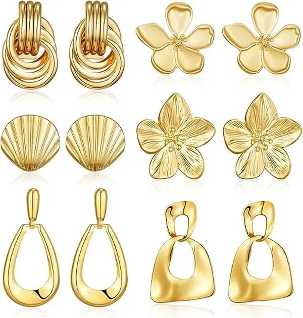 6 Pairs Chunky Gold Earrings For Women Trendy Statement Gold Plated Flower Shell Knot Dangle Earrings Lightweight Hypoallergenic Fashion Jewelry Set