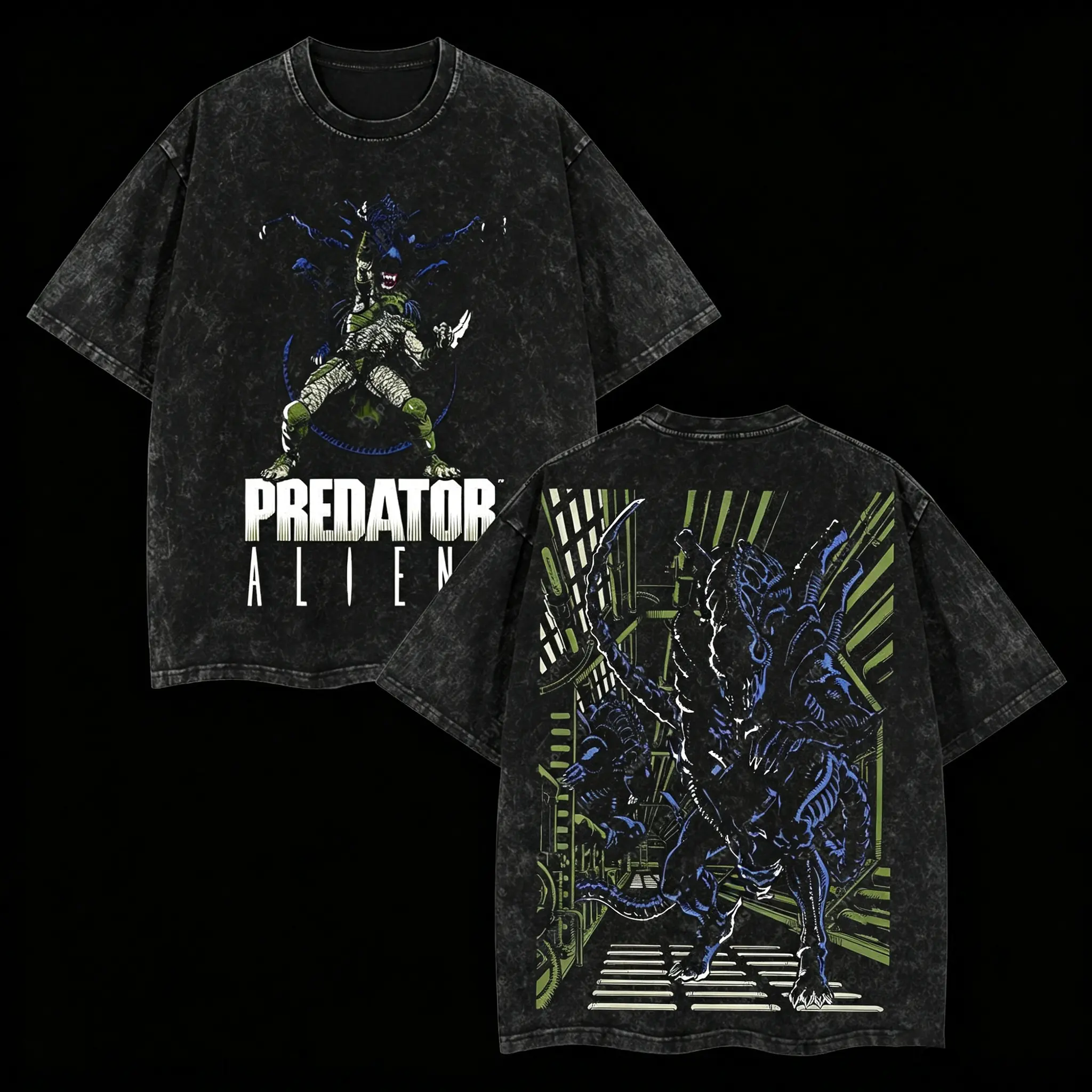Xenomorph Alien Outer Screamer Ver 03 Alien vs. Predator AVP Edition Double Printed Oversize Lightweight Acid Washed T-Shirt