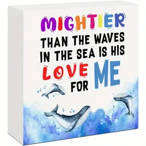 Mightier than the Waves Bible Verse Wood Box Sign, Christian Wooden Desk Decor for Kids, Religious Scripture Wood Block Sign for Children Room Nursery Desk Shelf Wall Decor 5x5 inch