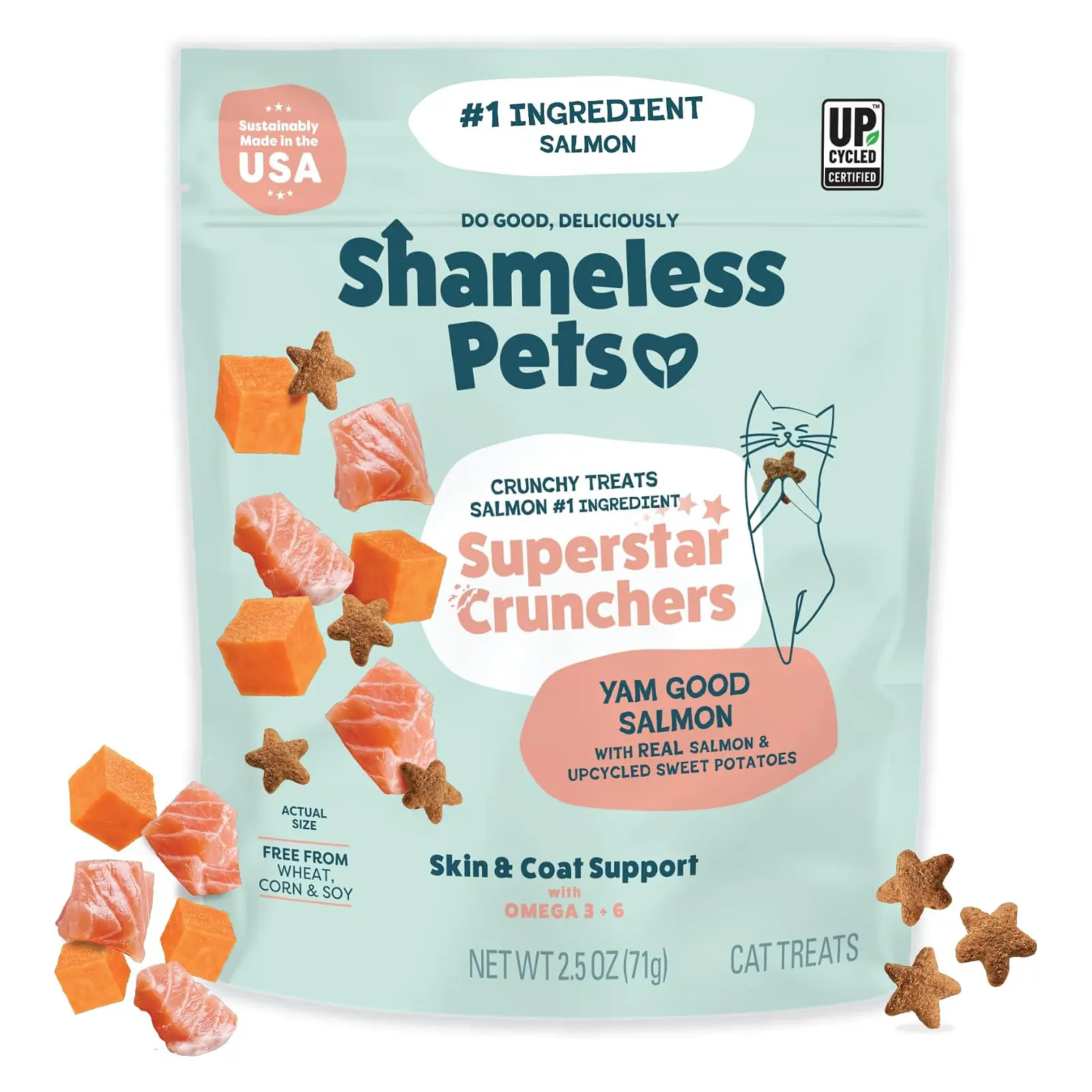 Shameless Pets Crunchy Cat Treats - Kitty Treats for Cats with Skin & Coat Support, Natural Ingredients Kitten Treats with Real Salmon, Healthy Flavored Feline Snacks - Yam Good Salmon, 1-Pk