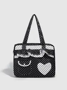 Dot tote bag, decorated with heart-shaped patches, featuring ruffled details, small pockets with star buttons, large capacity shoulder bag, perfect for daily commuting, sweet retro style suitable for various outfits