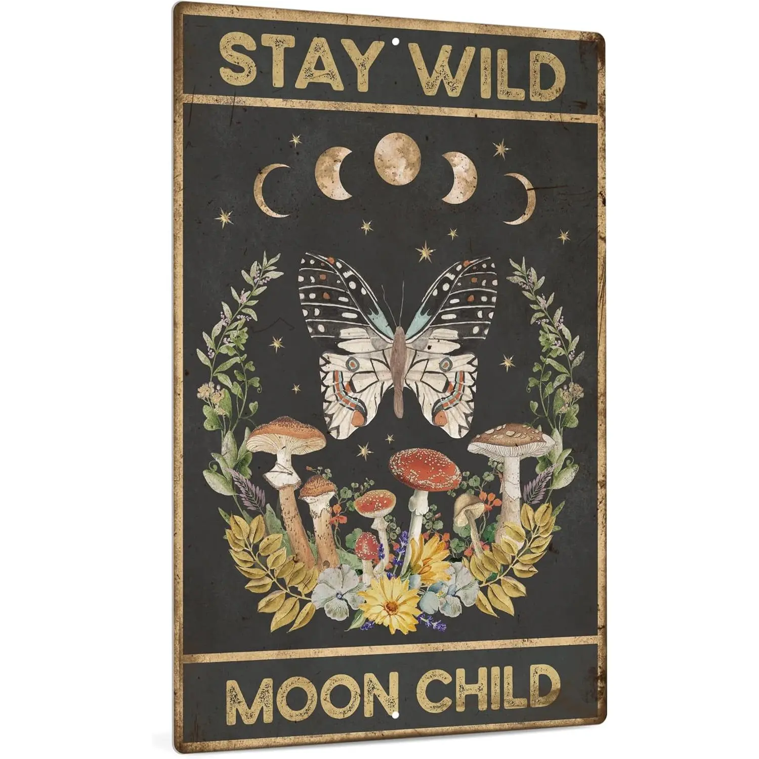 Decor Mushroom Metal Signs, Retro Hippie Room Decor, Stay Wild Moon Flower Wall Decor for Bedroom, Bathroom, 12 x 8 Inches