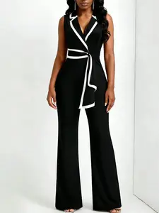 Women Contrast Binding Belted Wrap Fitted Flare Leg Jumpsuit 2026 Summer Elegant Lapel Neck Business Office Ladies