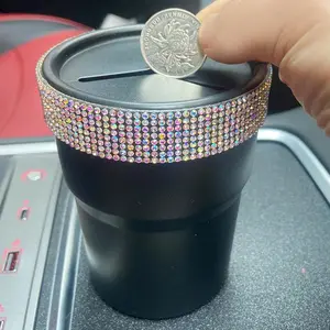 Rhinestone Decor Car Coin Storage Box, Multifunctional Car Coin Holder, Car Interior Accessories for Stowing & Tidying, Car Console Organizer, Car Organizers