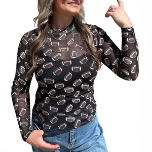 Znacicc Women's Casual Shirt Game Day Football/Baseball/Softball Rugby Mesh Sheer Long Sleeve Top for Winteroutfit Comfortable Design Sporty Style Fitted Blouses