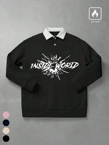 Unisex Fall Winter Fleece Lined Street Style Warm Polo Sweatshirt, Geometric & Graphic Pattern Print, Casual Fit, Sizes S-2xl