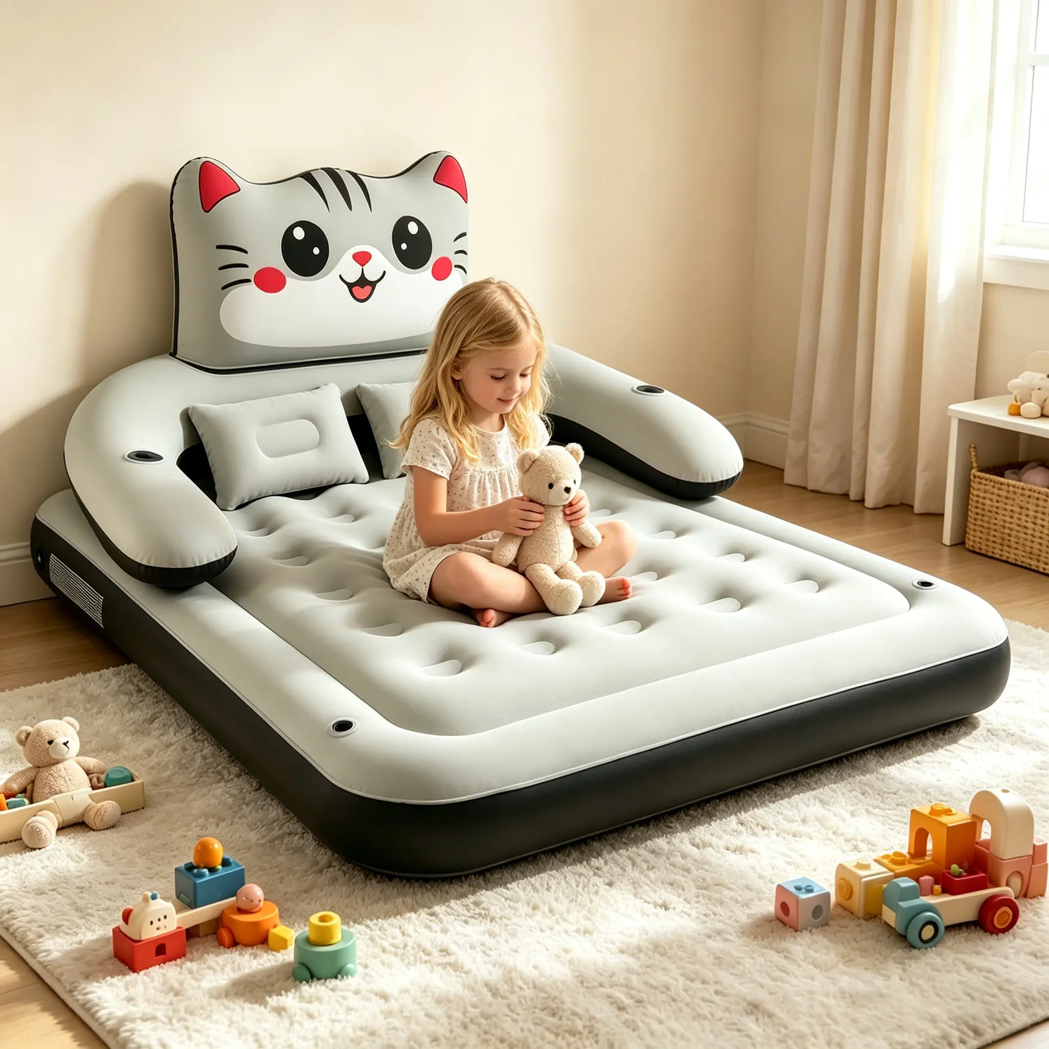 Cat Design Air Bed, Inflatable Lounger with Backrest, Pillows & Cup Holders, Durable Honeycomb Structure for Indoor & Outdoor Use, Durability, Comfortable Setup, Easy Storage, Portable Bed Solutions, Space-Saving