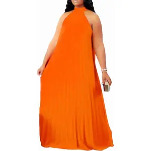 Plus Size Maxi Dresses for Women Sleeveless Halter Neck Chiffon Pleated Loose Flowy Long Summer Beach Dresses