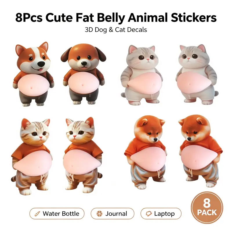 8Pcs 3D Squishy Chubby Pet Stickers, Cute Fat Belly Dog & Cat Animal Decals, Water Bottle Journal Laptop Decor Stickers