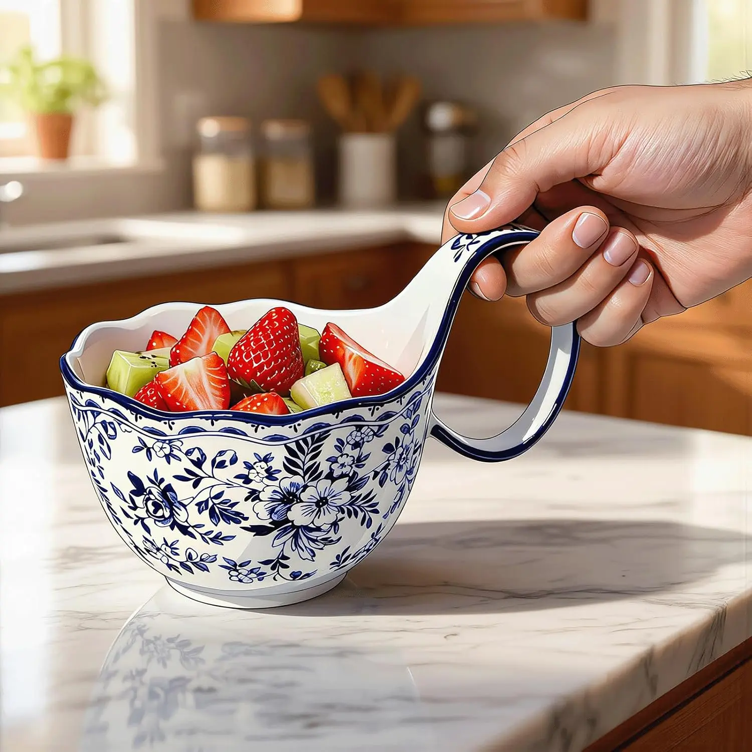 YQ&AMK Handmade Ceramic Soup Bowls with Handles - Microwave-Safe, Dishwasher-Safe, Easy-Grip Kitchenware Set - Ideal for Soup, Cereal - Gift Box Ready