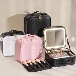 10x Magnifying Detachable Travel Makeup Bag With Mirror Of LED Lighted, Adjustable Dividers Makeup Train Case