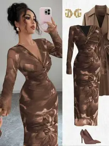 Women's Elegant Classy Flattering Fashion Commuter Casual Comfortable Retro Simple High-End Romantic Holiday Long Sleeve Round Neck Slim Fit Leopard Dress