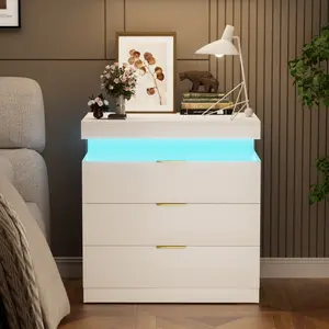 LED Nightstand with 3 Drawers, Bedside Table with Sliding Top for Bedroom Furniture, End Side Table with Charging Station and LED Lights, Modern Black Night Stand, 28.8''W x 17''D x 30.5''H ﻿