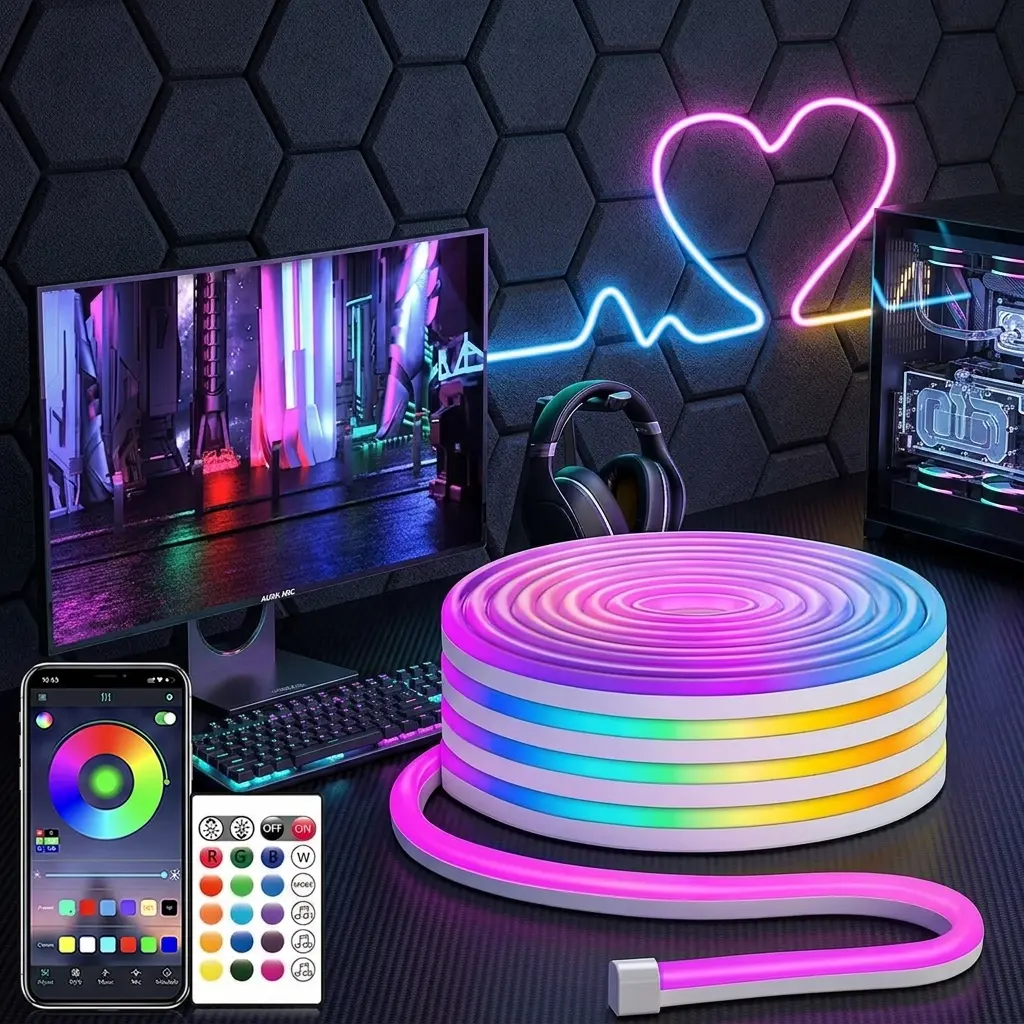 50FT Led Rope Lights, Flexible Neon Strip Lights Control with App/Remote, Multiple Modes, IP65 Outdoor RGB Waterproof, Music Sync Gaming Light Strip for Bedroom/Living Room/Wall Decor