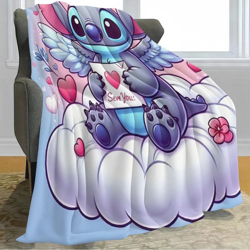 Cute Angel Stitch Cloud Theme Flannel Blanket, Light Blue Bottom, Winged Stitch Hugging Heart Card, I Love You Design, Valentine's Day Gift