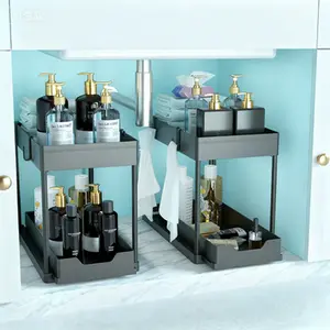 2-Tier Sliding Basket Organizer Drawer, Under Sink Storage Solution, Multi-Purpose Bathroom Cabinet Organizer, Stackable Shelves for Kitchen Bathroom, Easy Assembly Space Saving Design