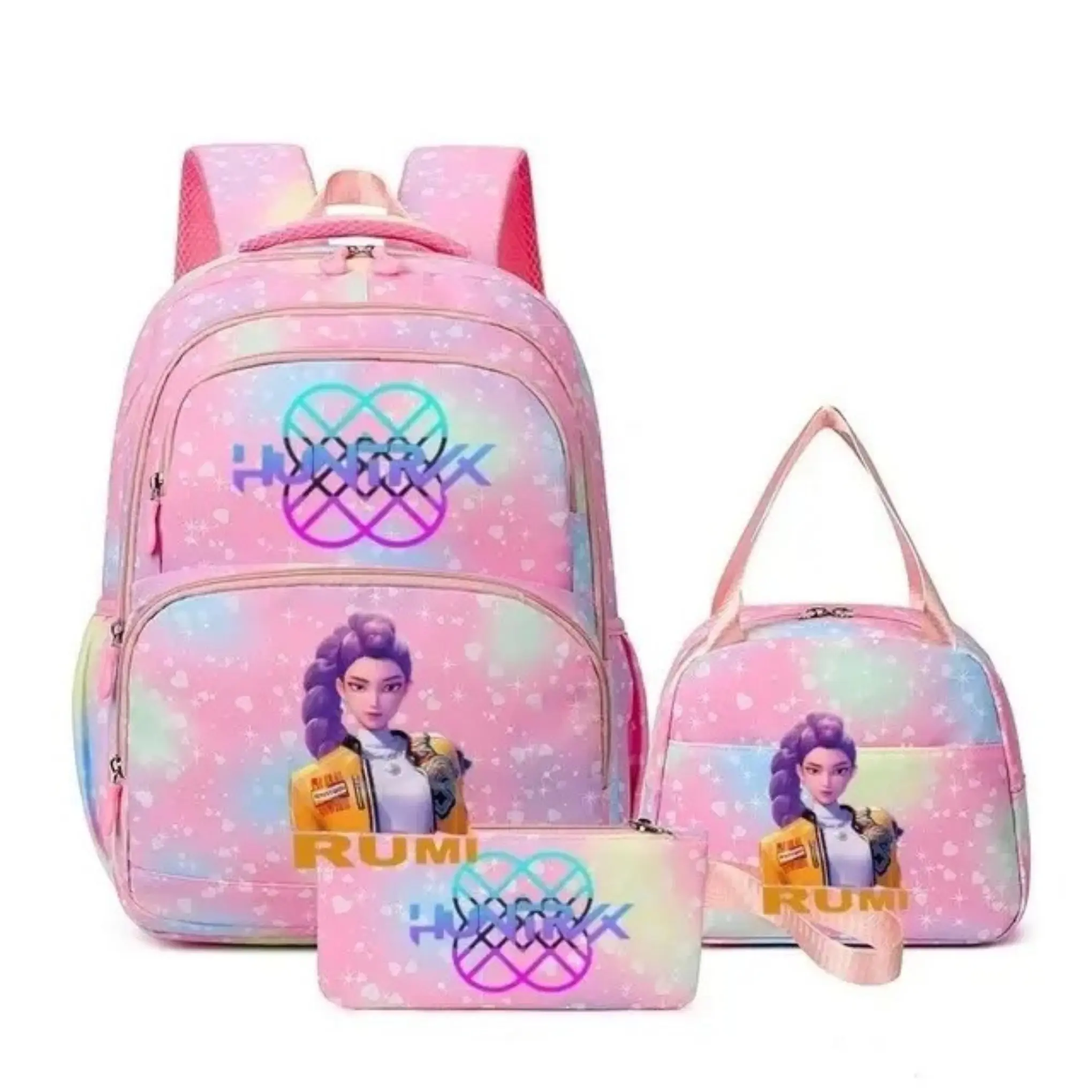 3-Piece Pastel Gradient Heart Print Backpack Set, Cute Cartoon Female Character School Bookbag with Insulated Lunch Bag and Zipper Pencil Case for Girls Campus Travel
