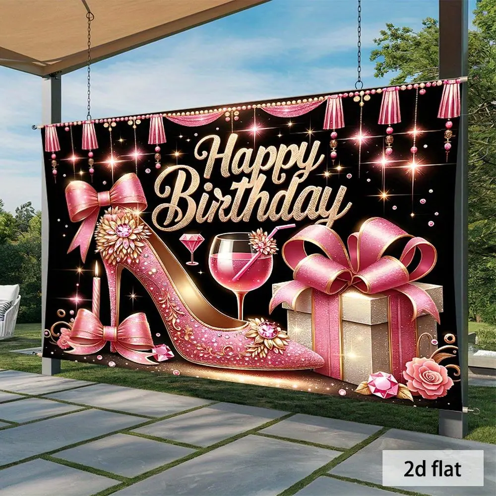 1PC,2D Flat Backdrop Happy Birthday Party Decor Backdrop, Pink High - Heel Themed Background Curtain, Festival Party Decoration Background, Romantic Shining Birthday Backdrop, Party Decoration Photo