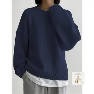 Women's Plain Drop Shoulder Sweater, Casual Long Sleeve Round Neck Jumper for Fall & Winter, Stylish Ladies' Knitwear for Everyday Wear Womenswear Hoodie Sweatshirts Pullover Crewneck Basic Fitted Navy Blue