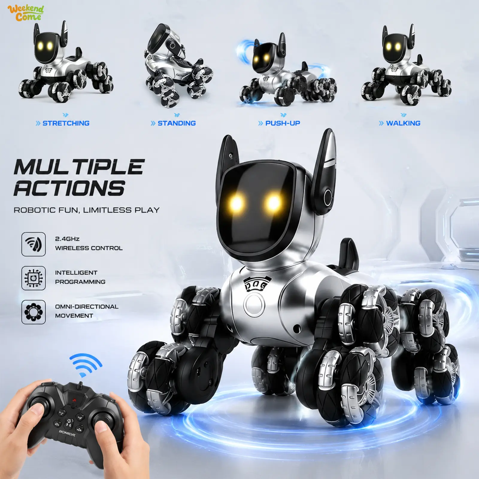 WEEKEND COME AI Shaped Electronic Interactive Smart Robot Dog, Remote Control Stunt Robot Toy. Equipped With A Remote Controller, Built-in Music And Stunt Performance Functions. Ideal Birthday Gift Toy For Boys And Girls Aged 6 To 12.
