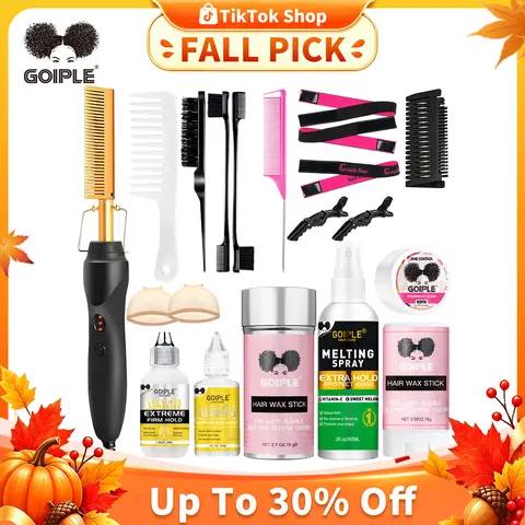 Goiple Multifunctional Straightening Brush - 2-in-1 Styling Tool for Natural Black Locks & Wigs, Salon Gift Set with Wig Glue, Wax Stick (Christmas, Birthday Gift for Girlfriend, Hair Tools)