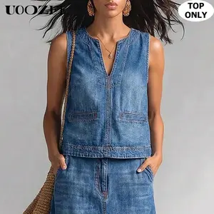 UOOZEE Women's New Summer Casual Sleeveless V-Neck Cropped Denim Vest(Top Only), Vintage Solid Color Loose with Pockets Tank Top (Shoulder Sizing Runs Snug, We Recommend Sizing Up 1 Sizes ), Fabric, Matching,summervibes