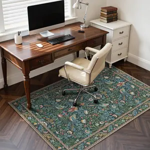 48"x60" Office Chair Mat for, Anti-Slip Mat for Office Chair, Vintage Floral Bird Desk Mat, Low Plie Office Rugs for Rolling Chairs, Navy Blue