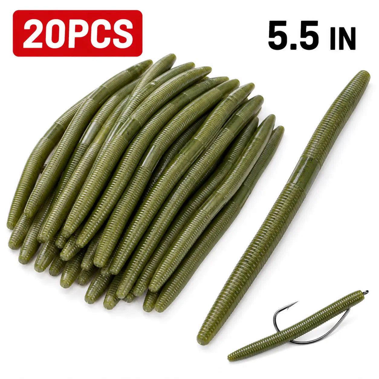 20PCS Soft Plastic Stick Worm Fishing Lures, 5.5in Ribbed Senko Style Worm Baits, Salted Flexible Bass Fishing Lures for Wacky Rig, Texas Rig, Drop Shot, Green Pumpkin Color