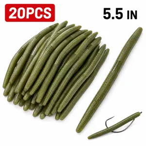 20PCS Soft Plastic Stick Worm Fishing Lures, 5.5in Ribbed Senko Style Worm Baits, Salted Flexible Bass Fishing Lures for Wacky Rig, Texas Rig, Drop Shot, Green Pumpkin Color