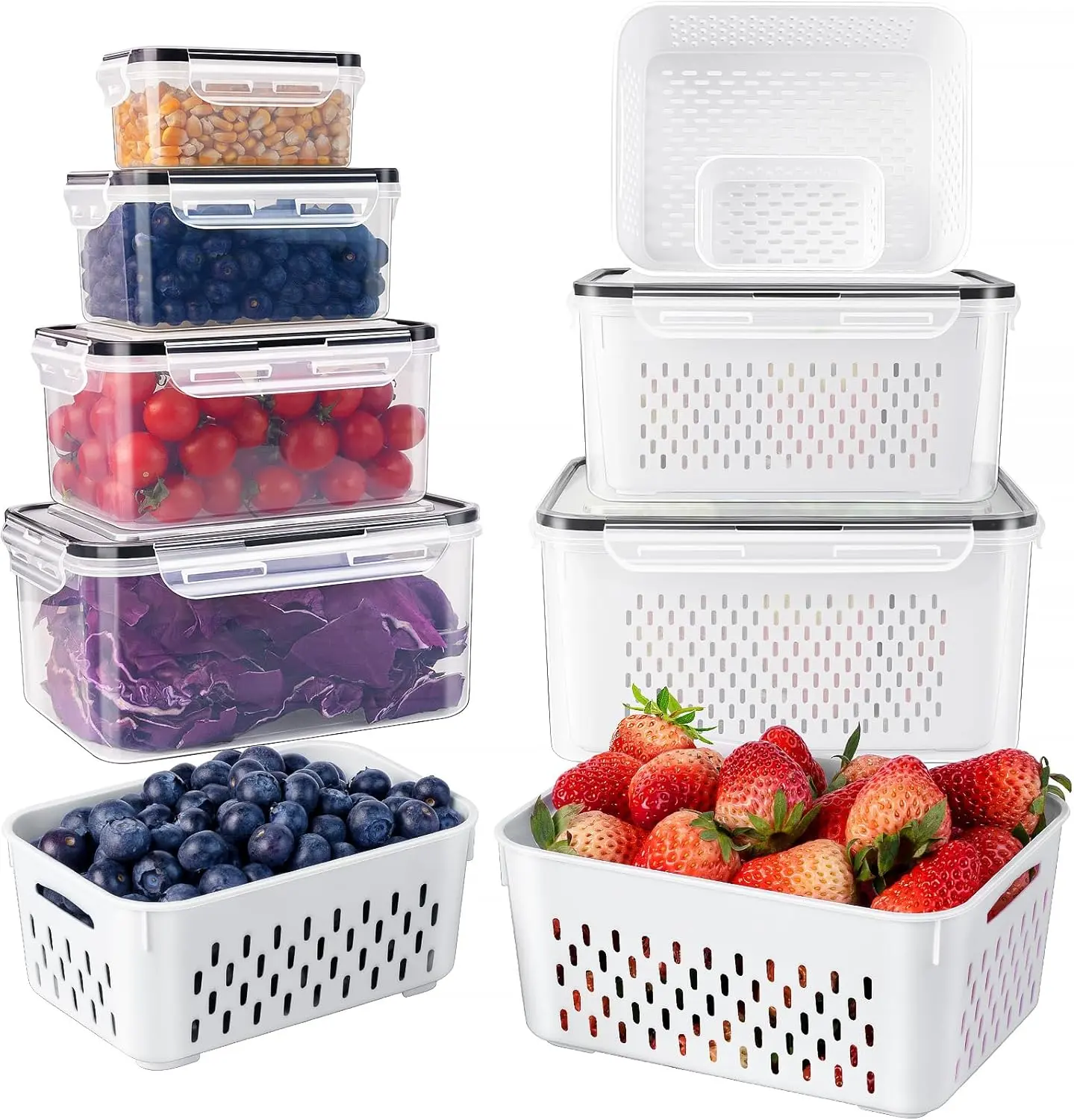 6-Pack BPA-Free Durable Plastic 4-in-1 Food Storage Containers with Removable Colanders, Leakproof Lids, Meal Prep & Fridge Organizer Bins for Salad, Berry, Meat, Easy to Rinse and Filter