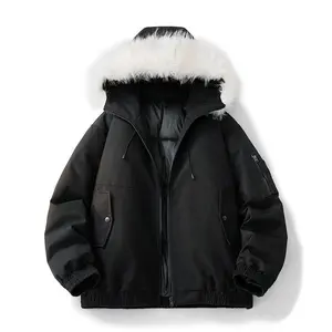 Men's Black Puffer Jacket with Faux Fur Hood, Oversized Warm Winter Outdoor Outerwear