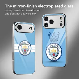 PIKPAKA M-Manchester City football club Phone Case For iPhone 17 16 15 14 13 12 Pro Max Plus Electroplated Metal Bumper Case Ultra-Slim Tempered Glass Back Shockproof Anti-Scratch Luxury Armor Fashion Case