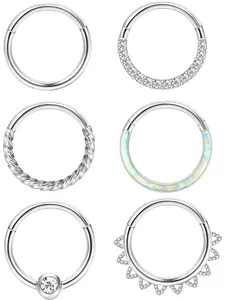 6PCS 18G 16G Surgical Steel Nose Rings Hoop Clicker Septum Rings for Women Men CZ Opal Cartilage Hoop Earrings Helix Daith Rook Lip Conch Hoop Body Piercing Jewelry 8MM 10MM