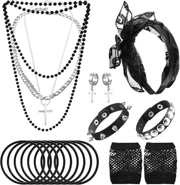 80s Costume Accessories for Women, Punk Fancy Dress Party Kit with Lace Headband Earrings Fishnet Gloves Necklace Bracelet for 80's Retro Themed