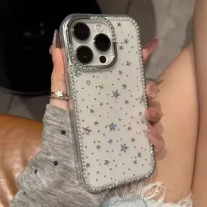 Luxury Electroplated Rhinestone Edged Shiny Star Transparent Full Body Shockproof Phone Case, Compatible With IPhone 17/17 Air/17 Pro/17 Pro Max, 16, 16 Pro, 16 Plus, 16 Pro Max, 15, 14, 14 Pro Max, 13, 12Pro Max  Cover