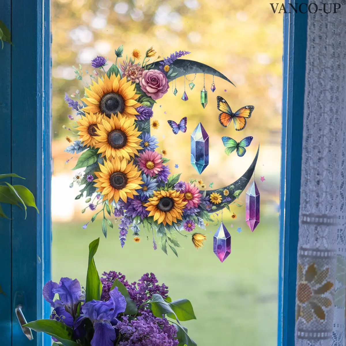 A (30*30cm) sunflower and moon flat window sticker, window decoration static glass sticker, E21222-NC